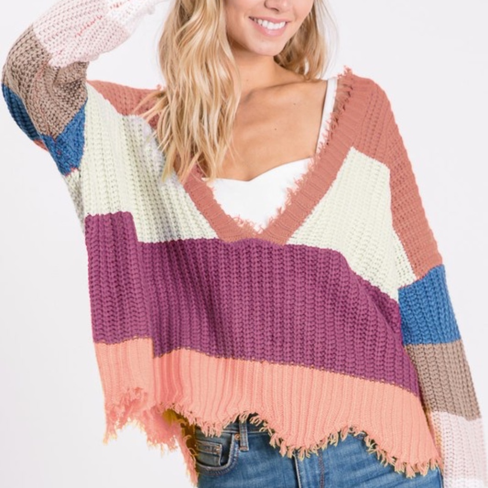 015 Cozy color Block v neck frayed hem Oversized Sweater